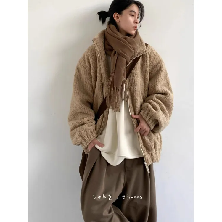 秋冬简约立领羊羔绒卫衣男女日系学院风宽松基础情侣百搭休闲外套