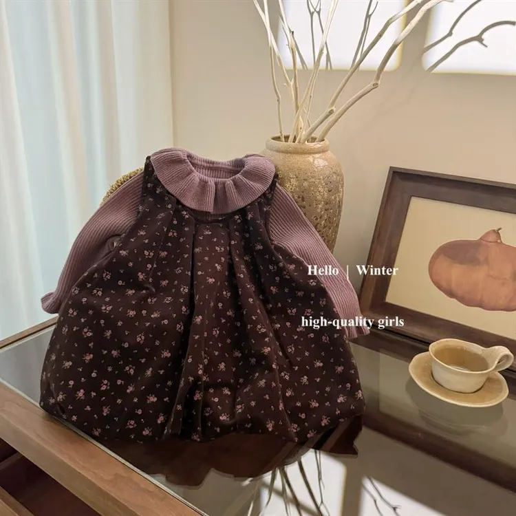 2024秋冬韩国童装灯芯绒碎花裙荷叶领毛衣女宝宝时尚洋气套装