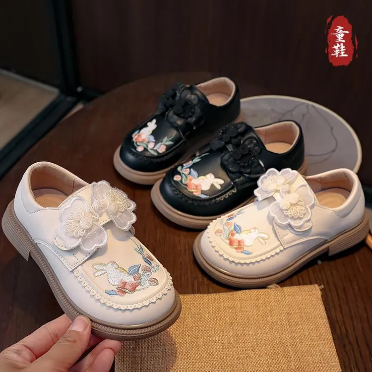 小皮鞋2024新款白色公主鞋古装中国风绣花配马面裙儿童汉服鞋