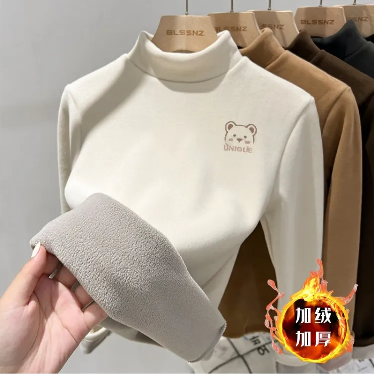 女童卫衣2024新款打底衫加绒加厚一体绒中大童半高领保暖印花上衣