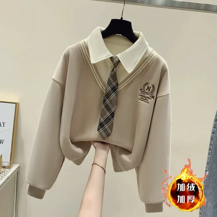 女童学院风卫衣秋冬中大童2024年新款假两件长袖撞色上衣爆款洋气