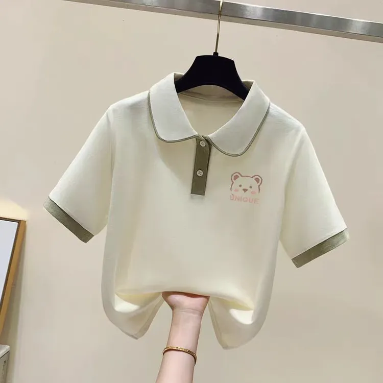 女童新款t恤POLO衫上衣显瘦夏季宽松翻领设计感撞色百搭学院风潮