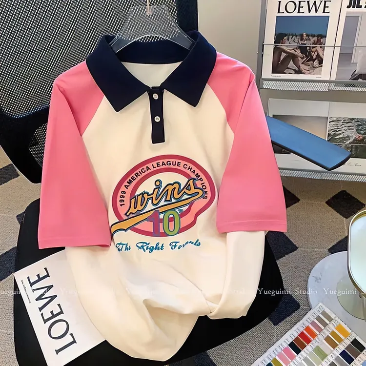 女童新款短袖撞色POLO衫夏季印花宽松t恤中韩版大童百搭拼色上衣