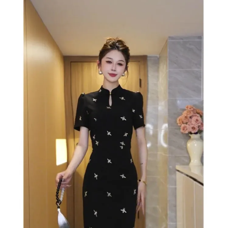 蝴蝶印花短袖旗袍连衣裙女2024夏季新款女装收腰显瘦长裙优雅气质