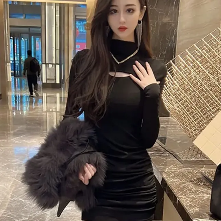 长袖连衣裙法式修身气质2025秋冬加绒小个子气质性感辣妹包臀短裙