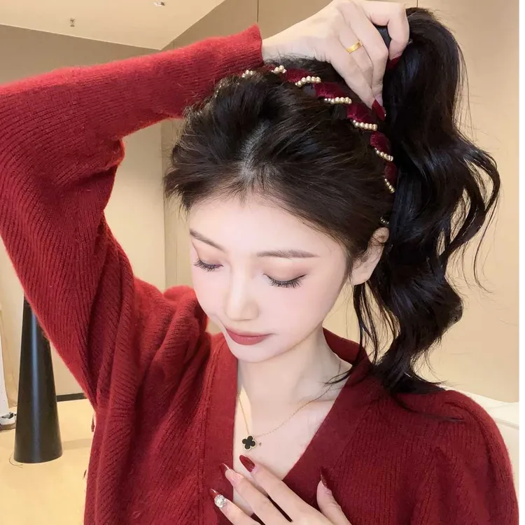 法式丝绒波浪珠珠整理碎发发箍女秋冬洗脸防滑时尚洋气高颅顶发箍
