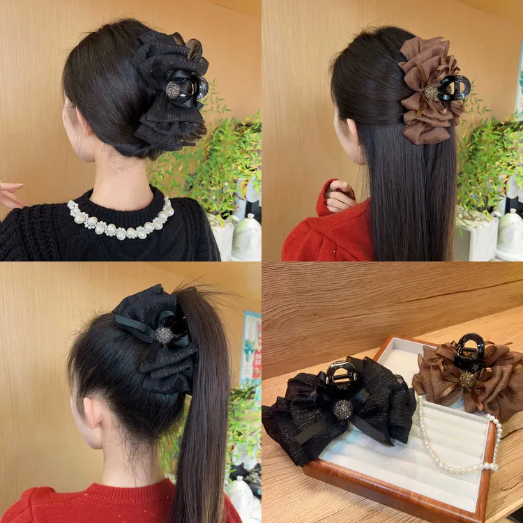 优雅网纱蝴蝶结优雅抓夹女后脑勺增高颅顶盘发夹气质鲨鱼夹子复古