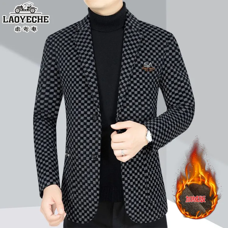 老爷车秋上新款毛呢男士单西装西装外套商务休闲韩版格子西服上衣