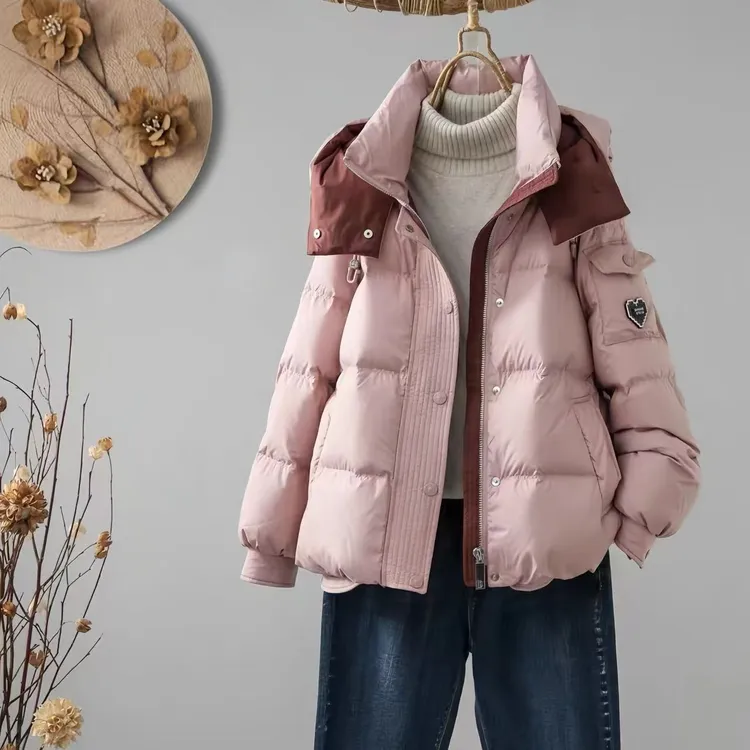 加厚时尚短款棉服女2025新款韩系连帽宽松小个子面包服厚外套