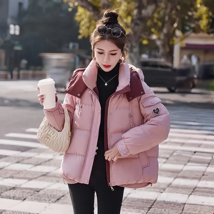 棉服女拼色短款2025年冬季新款小个子加厚连帽面包服外套