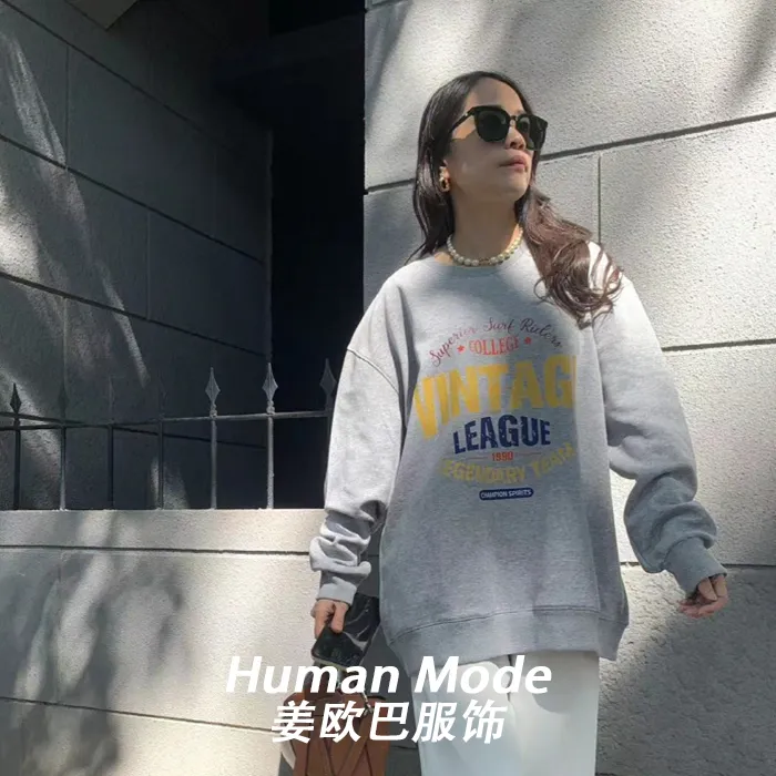 【HM姜欧巴】VINTAGE 时尚潮流重磅银狐绒加绒加厚圆领卫衣女百搭