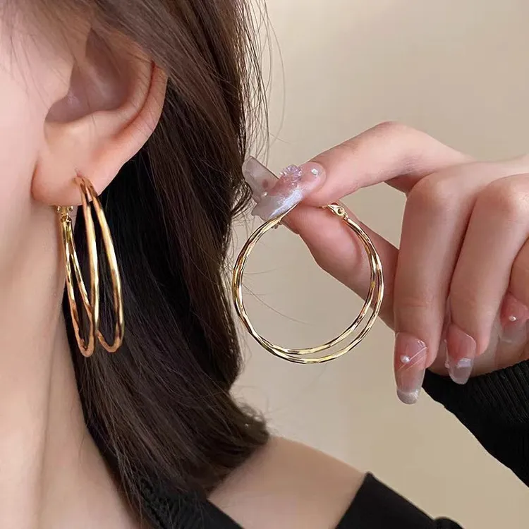 钛钢耳饰 防过敏 欧美个性双层圆圈大耳环女轻奢高级感气质冷淡风