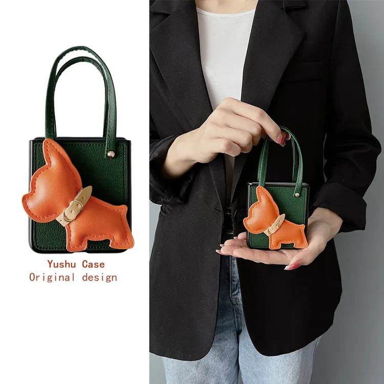 法斗犬手提包式适用华为p50pocket手机壳三星zflip4保护套祖母绿