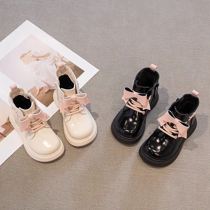 女童马丁靴2025秋冬新款儿童加绒短靴蝴蝶结英伦风皮靴小宝宝靴子