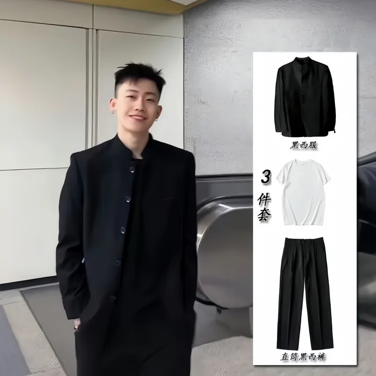新中式立领中山装唐装西服套装男士新国风少年直筒黑色痞帅小西装