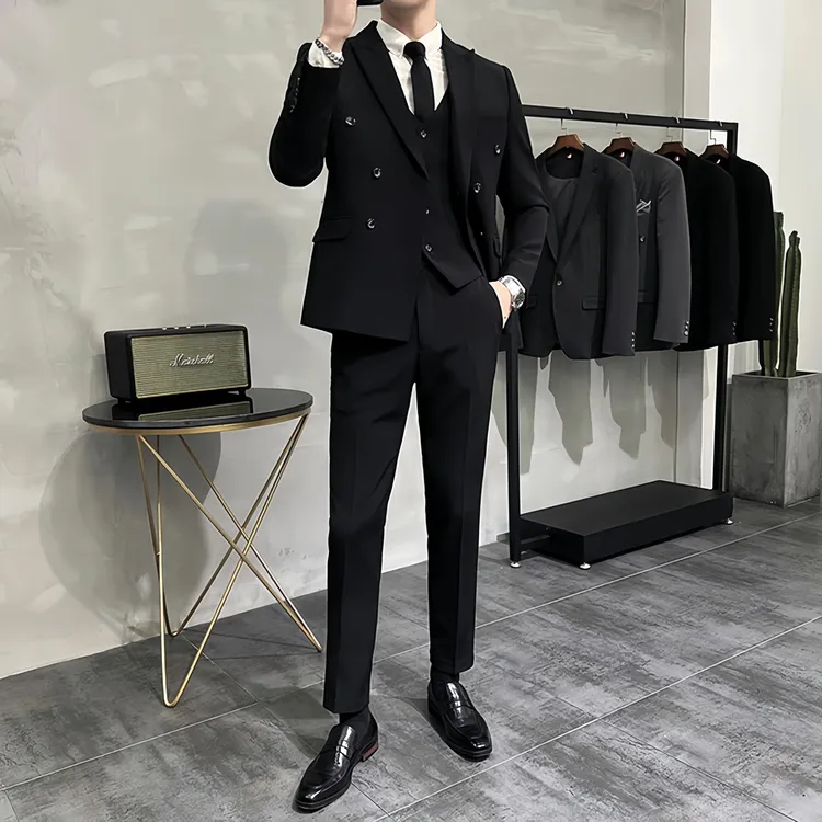 戗驳领结婚套装男士韩版修身一套黑色青年西服西裤痞帅气轻熟外套