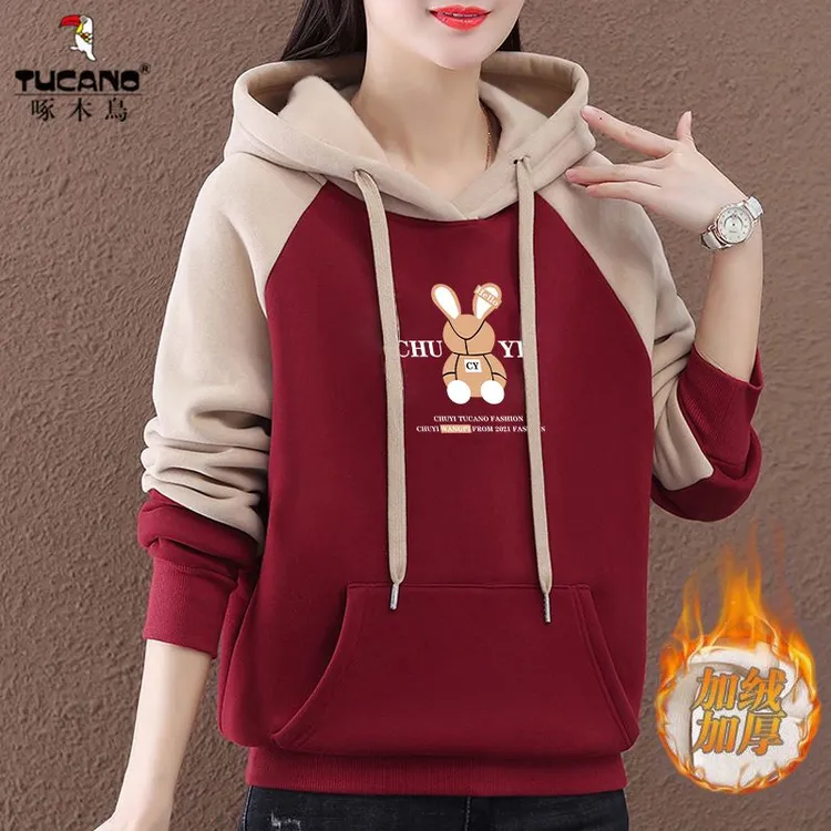 啄木鸟正品2024年秋冬季新款连帽卫衣女百搭加绒小众宽松大码上衣