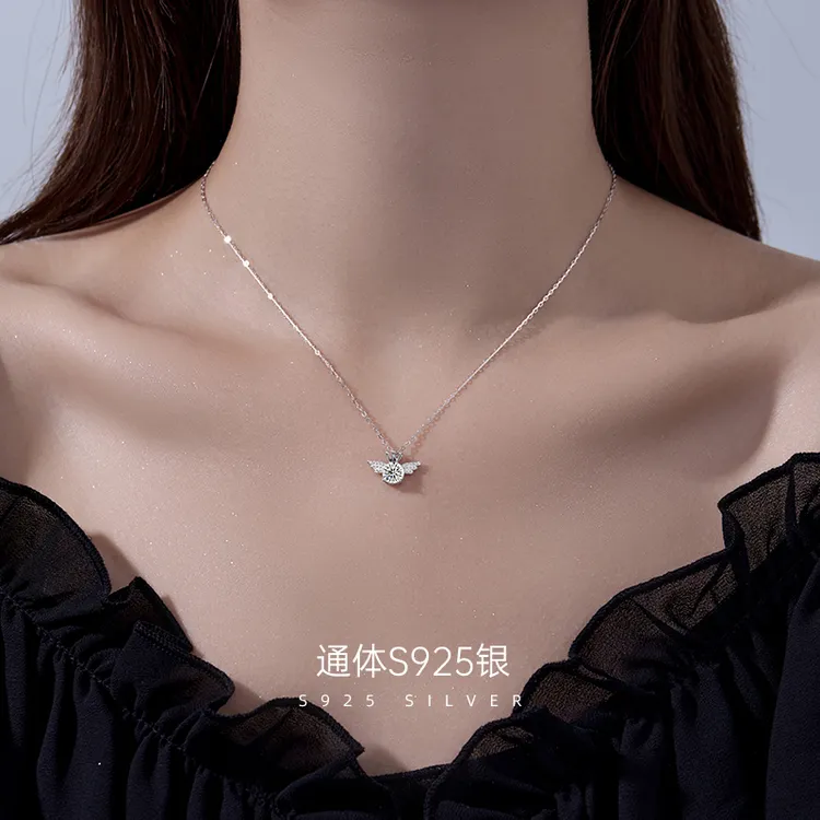 坠链均925银合成锆石 金美澳小众设计天使皇冠项链女个性锁骨链