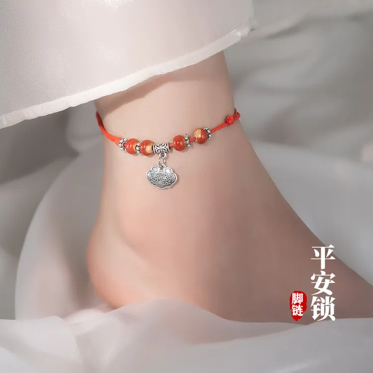 合金脚链 金美澳民族风平安锁脚链本命年红绳学生饰品端午节礼物