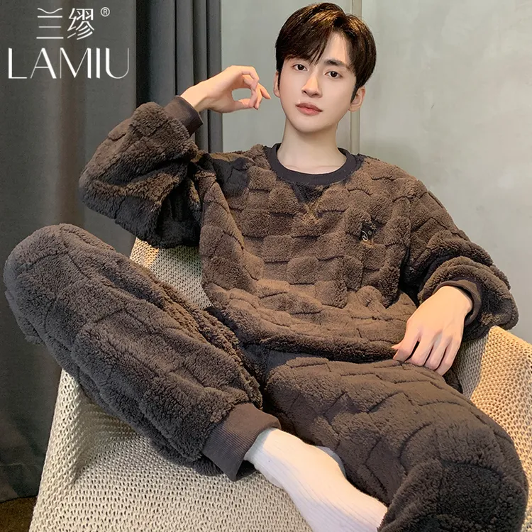 兰缪法兰绒睡衣男士秋冬季加厚加绒保暖套装可外穿大码男款家居服