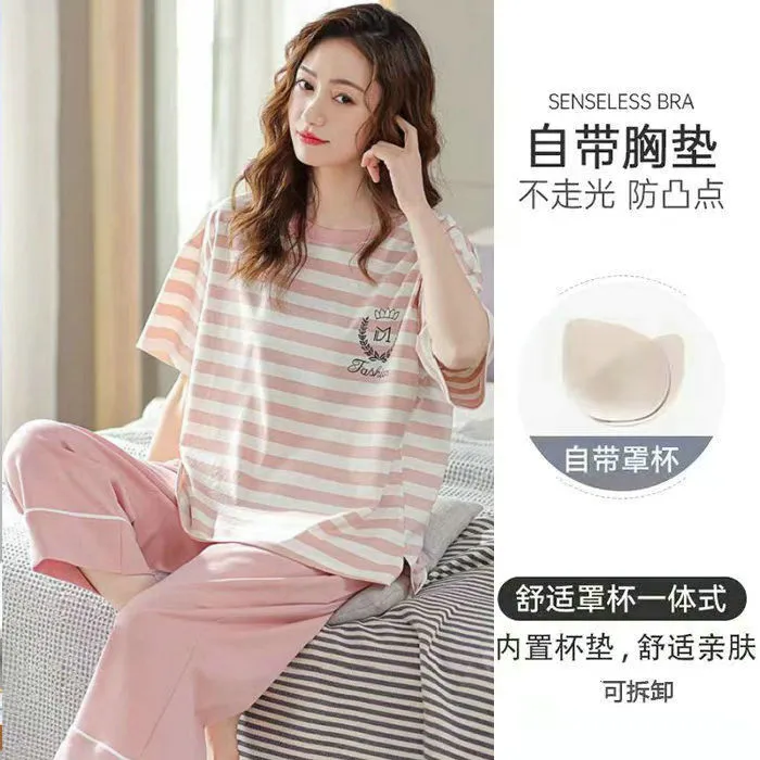 2025新款100%纯棉带胸垫睡衣女夏季短袖睡衣夏天可外穿家居服套装