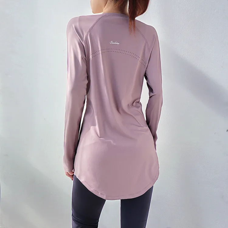 占飞11488瑜伽服上衣遮臀中长款运动休闲t恤健身服女宽松运动长袖
