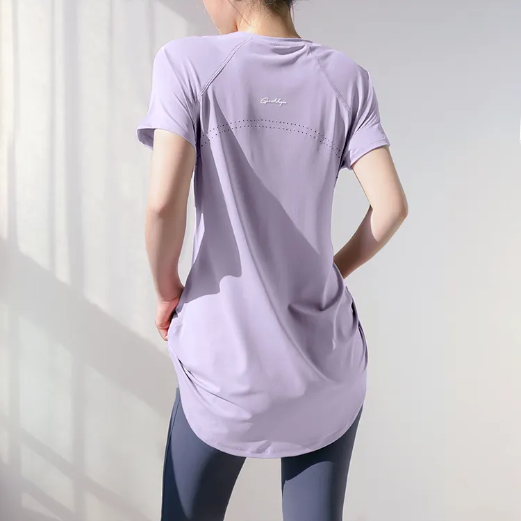 瑜伽上衣女长款运动短袖休闲跑步运动t恤宽松版健身服速干健身衣