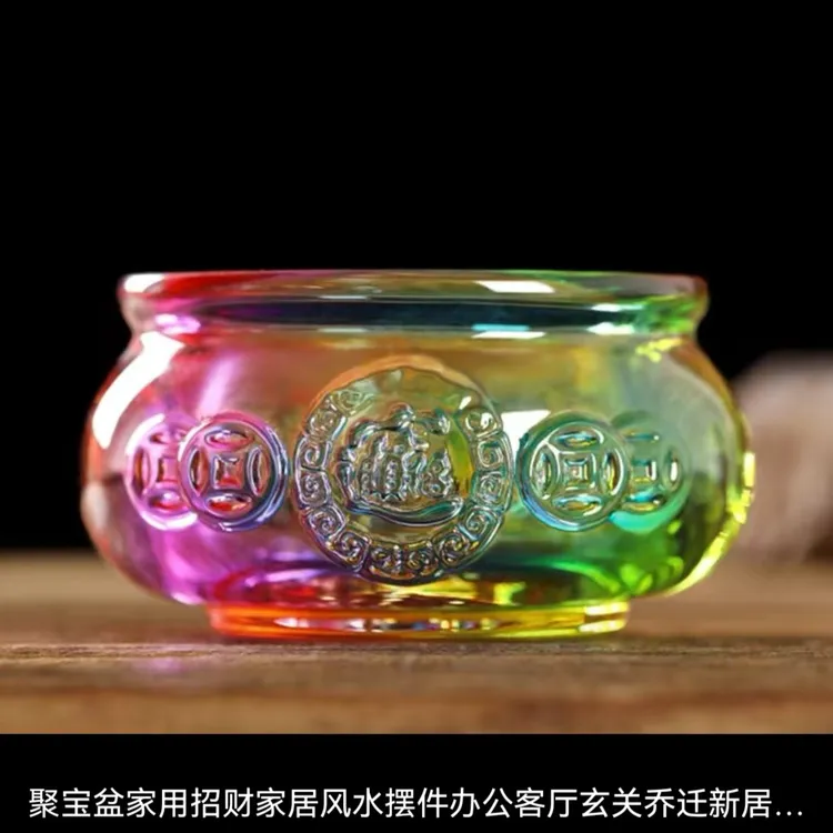 聚宝盆黄水晶七彩琉璃招财进宝办公室家居礼品聚宝沈万三款摆件
