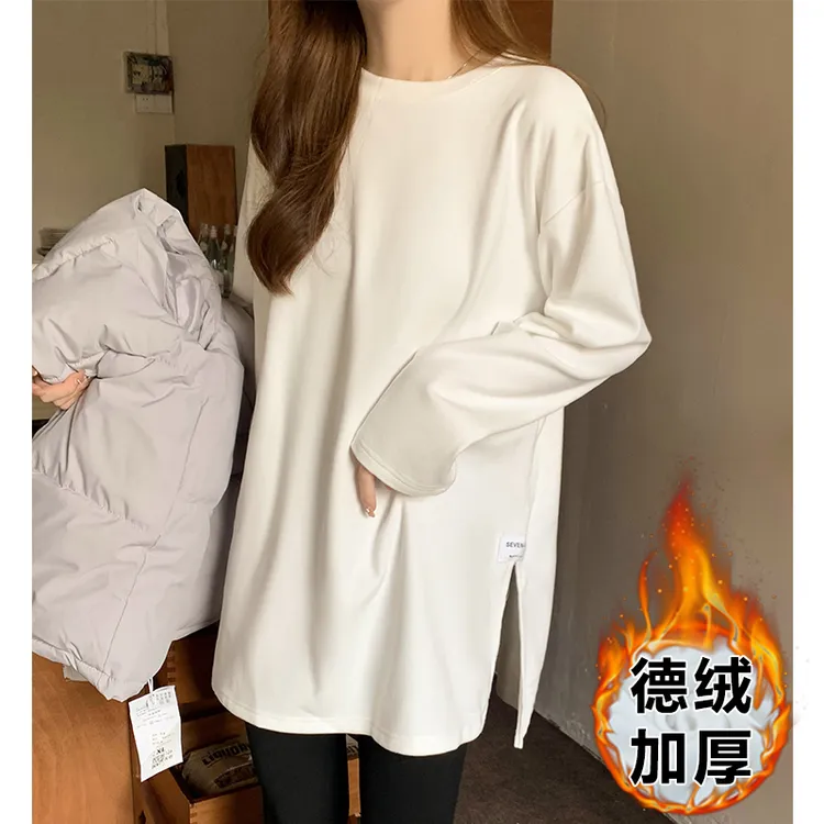 白色德绒加厚长袖T恤女秋冬款卫衣内搭叠穿宽松中长款打底衫上衣