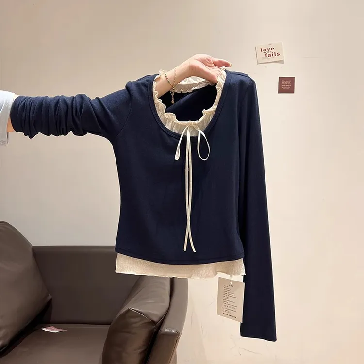 【现货】藏蓝色假两件长袖T恤女春秋修身褶皱收腰绝美气质上衣