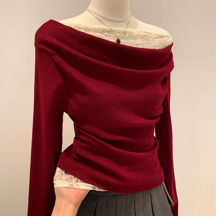 【圣诞红】新年红秋冬季一字领斜肩设计女打底衫高级感内搭修身上衣