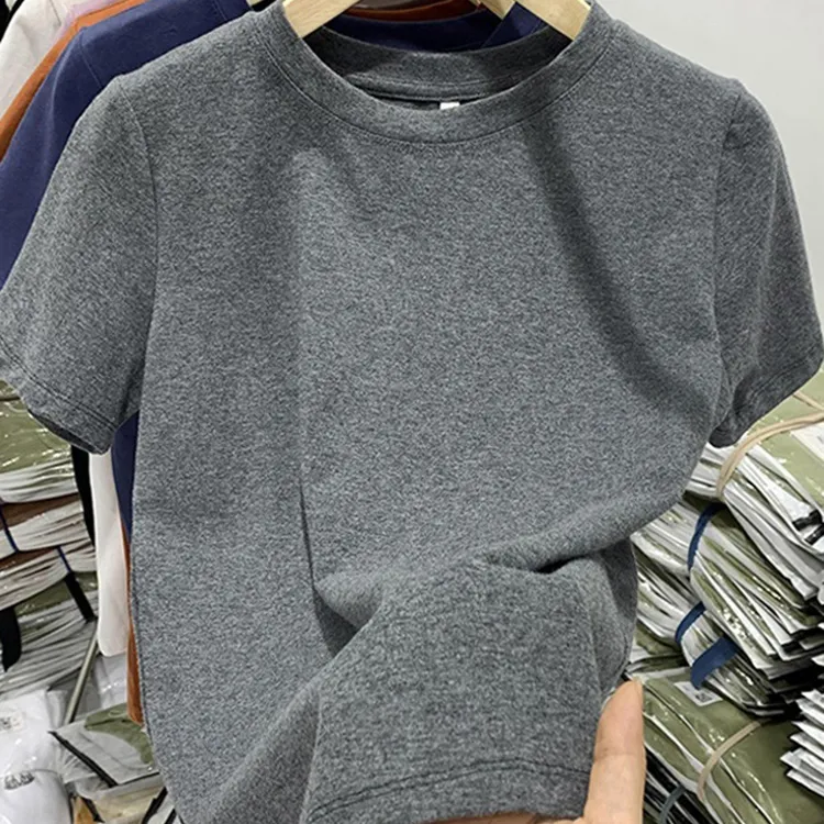 深灰色正肩短袖t恤女纯2025夏季新款减龄漂亮洋气小衫修身棉上衣