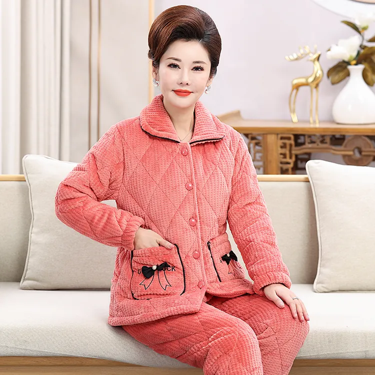 三层加厚夹层冬季睡衣女中老年人妈妈款加绒加厚保暖可外穿家居服