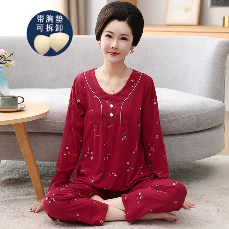 带胸垫妈妈睡衣女2025秋季新款纯棉中老年人宽松大码套头家居服