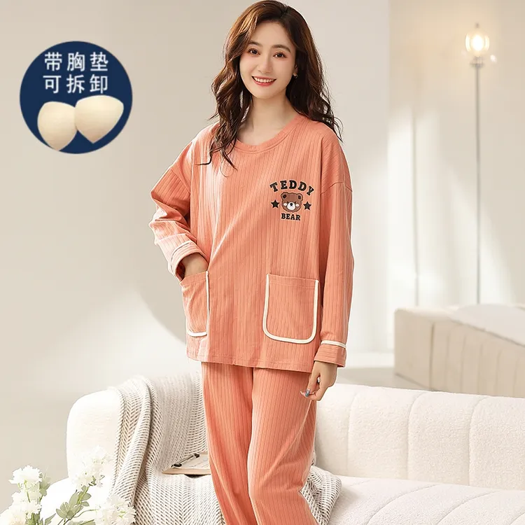 睡衣女士带胸垫防凸点春秋款秋季纯棉长袖家居服可外穿大码套装