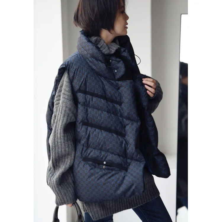 V8010C韩版休闲印花宽松显瘦白鸭绒保暖立领马夹外套女冬 米可可