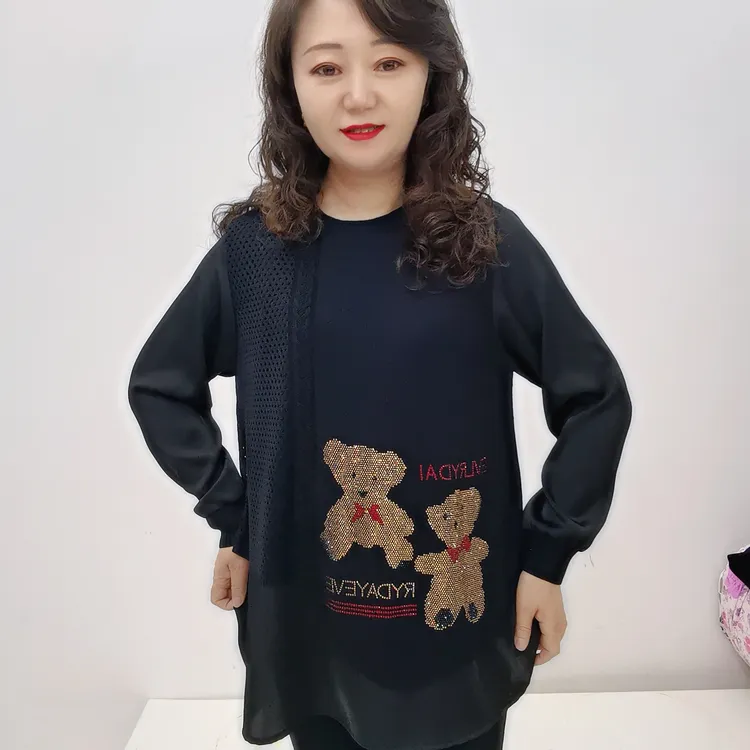 美美黑色秋冬服饰新款9301#缎面衬衫宽松长袖上衣针织马甲假两件