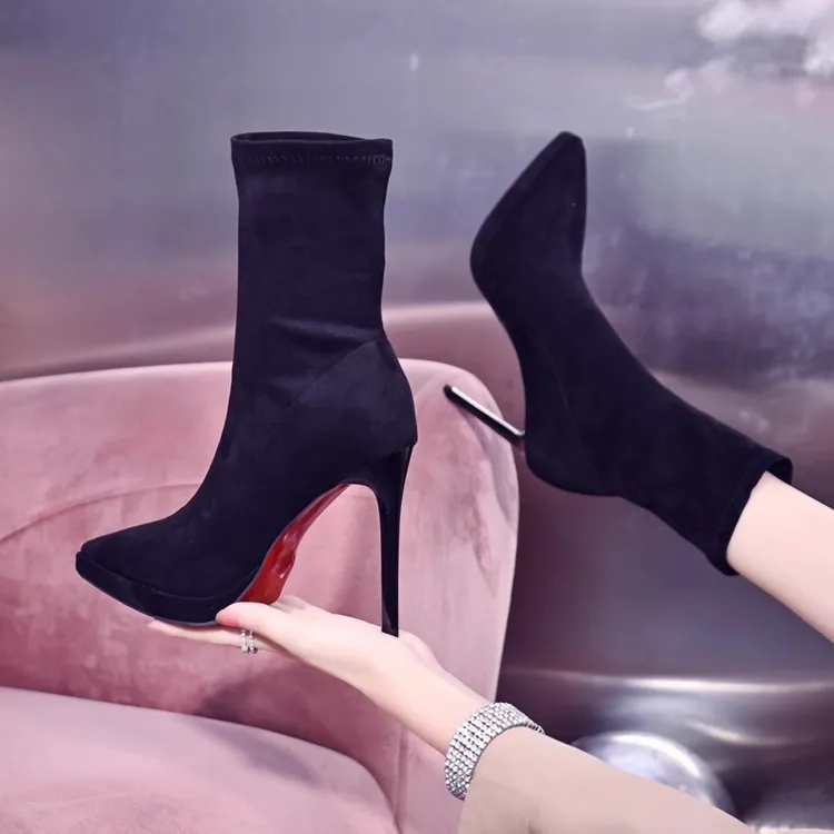 欧美风11CM超高细跟弹力瘦瘦靴女尖头小短靴2025年秋冬新款防水台