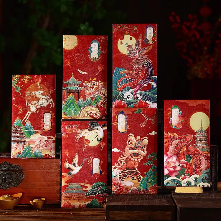 【凤凰萌娃水墨画醒狮金蛇30个】年画中式创意利是封创意过年红包