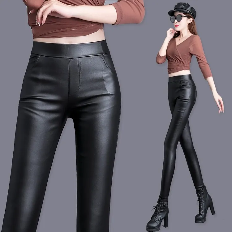 松紧腰亚光加绒加厚皮裤女高腰秋冬新款弹力pu加长紧身打底裤子女