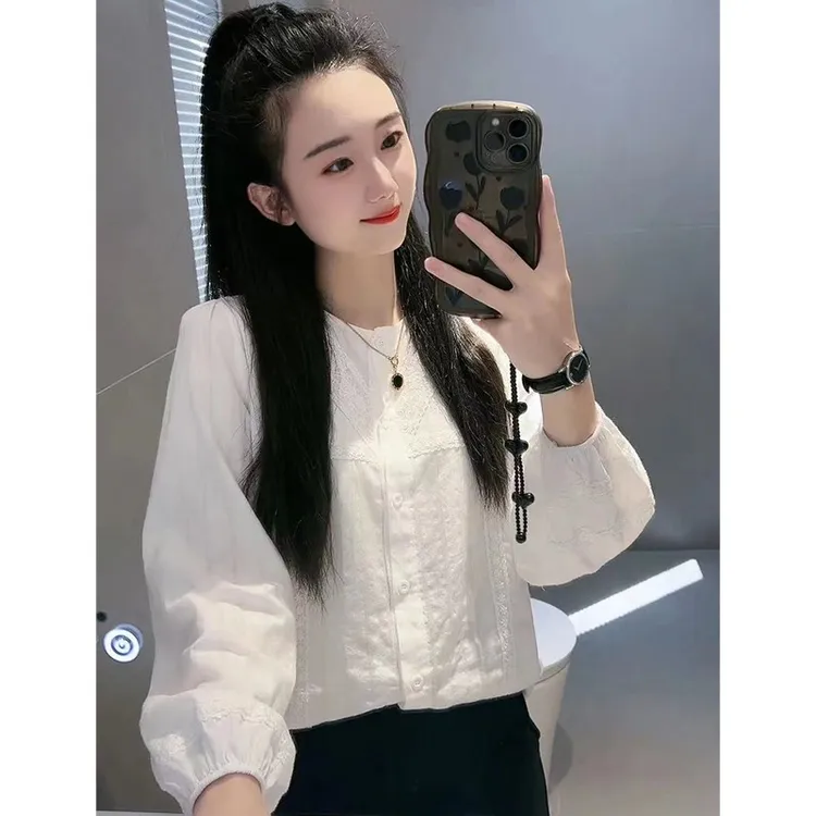 5012衬衫女长袖春季新款法式小众打底衫提花蕾丝洋气显瘦百搭上衣