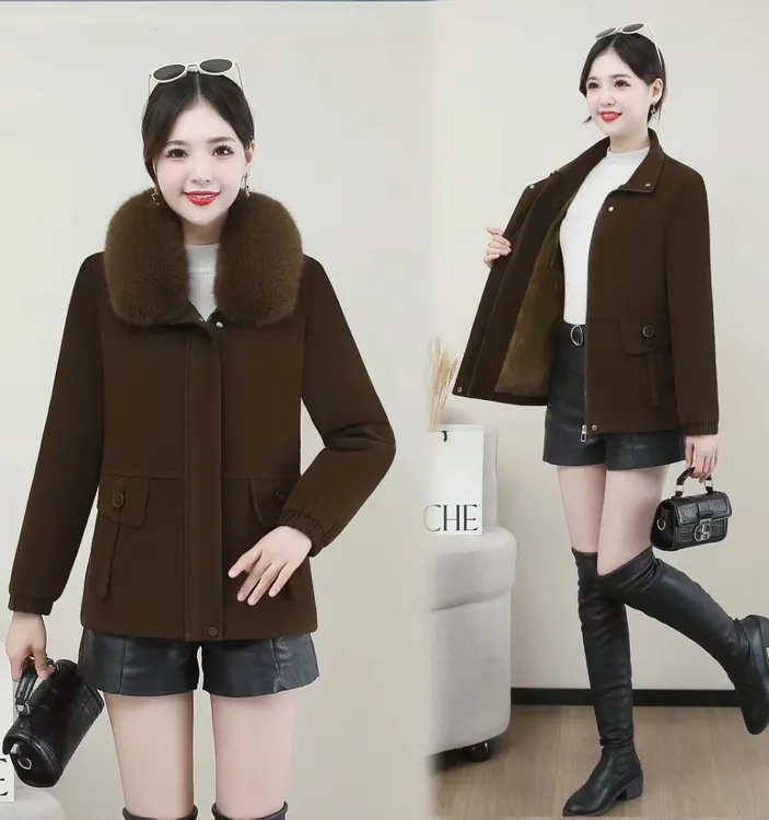 冬季时尚洋气休闲加绒中老年妈妈装短款加厚大码妈妈装女士