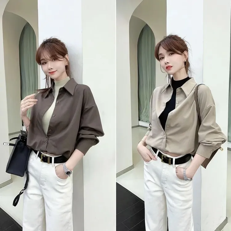 2025年秋季百搭格调美拉德设计感假两件衬衫设计感长袖显瘦衬衣女