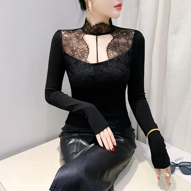 性感镂空长袖T恤欧货洋气蕾丝拼接上衣加厚磨毛内搭打底衫女秋冬