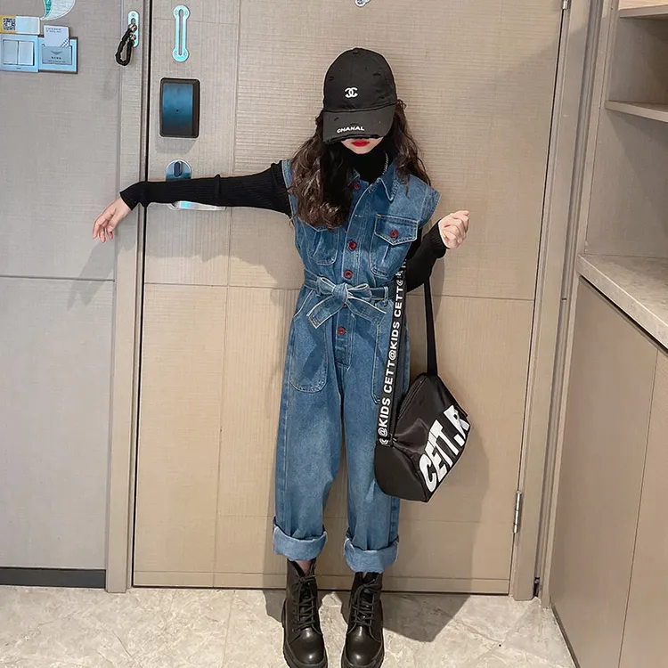 女童牛仔连体裤套装春秋2024新款洋气儿童秋装裤子中大童女孩衣服