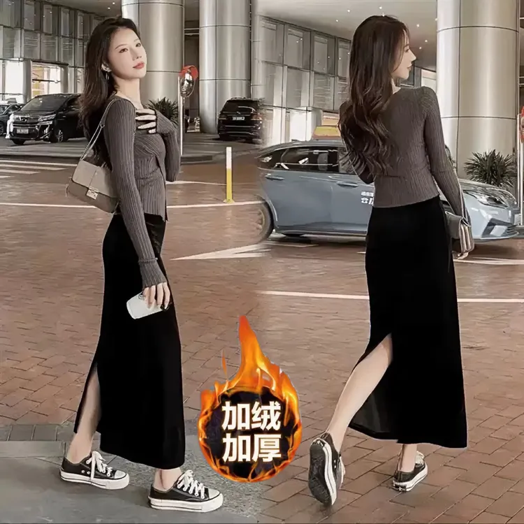 【工厂直销】金丝绒半身裙女秋冬复古开叉百搭显瘦中长款垂感直筒裙