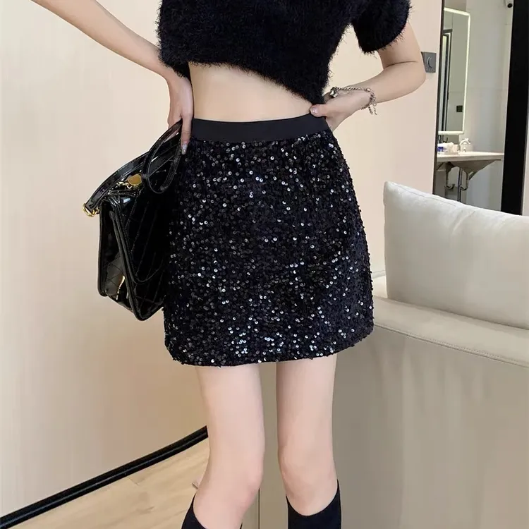 丝绒亮片半裙女2025春秋新款闪耀繁星松紧腰包臀a字重工闪闪短裙