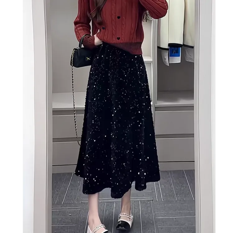 秋冬2025新款亮闪闪丝绒小香风黑色中长款a字大摆裙遮胯显瘦半裙