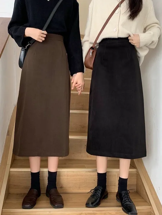 毛呢直筒包臀半身裙女2025春秋新款小个子高腰显瘦a字开叉中长裙