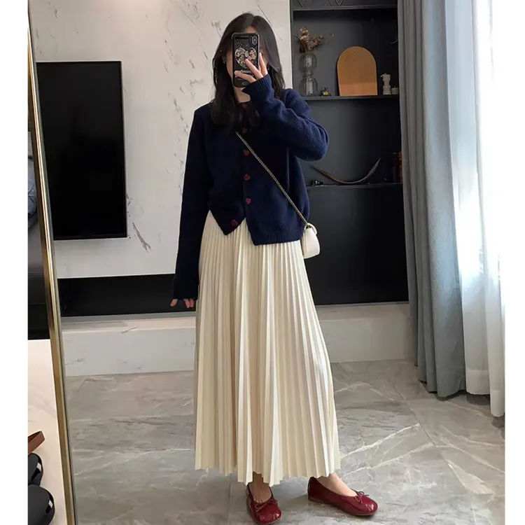 加厚毛呢百褶半身裙女早春2025新款学院风高腰显瘦中长款A字裙子